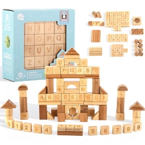 UDEAS 80-Piece Wooden Alphabet Building Blocks Set - Creative ABC Letters, Numbers & Shapes Blocks for Building Castles, Rockets, Robots | Educational Stacking Toys with Math Symbols for Kids Ages