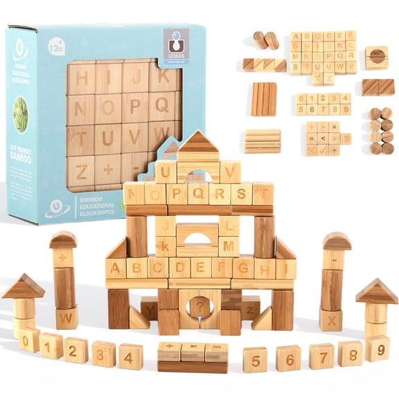 UDEAS 80-Piece Wooden Alphabet Building Blocks Set - Creative ABC Letters, Numbers & Shapes Blocks for Building Castles, Rockets, Robots | Educational Stacking Toys with Math Symbols for Kids Ages
