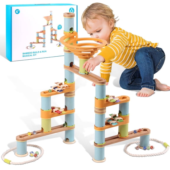 UDEAS Marble Run Building Toys for Kids, 98 Pcs Bamboo Marble Race Track with Glass Marbles, Building Blocks and STEM Toys for Boys and Girls for Kids 4-6