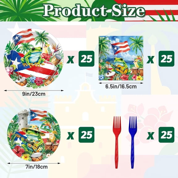 UDGIU-100 Pcs Puerto Rico Party Supplies - Serves 25, Coqui Frog Flag Disposable Tableware, Includes Paper Plates, Napkins, and Plastic Forks for Birthday, Luau, Puerto Rican Picnic Themed Decoration