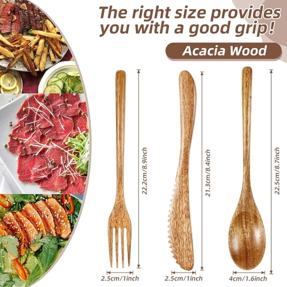 UDGIU-12 Pcs Wooden Silverware Wood Utensils for Eating Set Wooden Spoon Fork Knife Cutlery Set Kitchen Dinner Flatware Tableware (Acacia Wood)