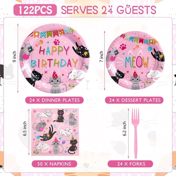 UDGIU-122 Pcs Cat Birthday Party Supplies Disposable Cat Themed Tableware Include 24 Dinner Plates 24 Dessert Plates 50 Paper Napkins 24 Forks Kitten Birthday Party Decoration for 24 Guests(Pink)