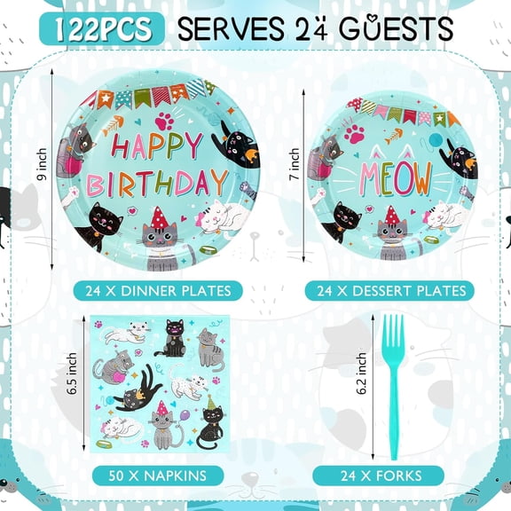 UDGIU-122 Pcs Cat Birthday Party Supplies Disposable Cat Themed Tableware Include 24 Dinner Plates 24 Dessert Plates 50 Paper Napkins 24 Forks Kitten Birthday Party Decoration for 24 Guests (Green)