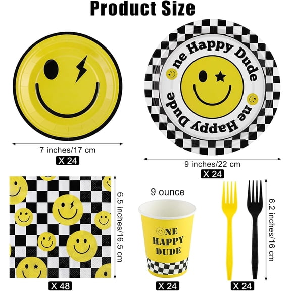 UDGIU-144 Pieces One Happy Dude Party Tableware Sets including Disposable Plates Napkins Cups Forks Serves 24 for Smiley Face 1st Birthday Preppy Party Decorations