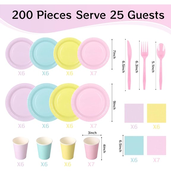 UDGIU-200 Pcs Pastel Disposable Plates and Napkins Tableware Set for 25 Guests