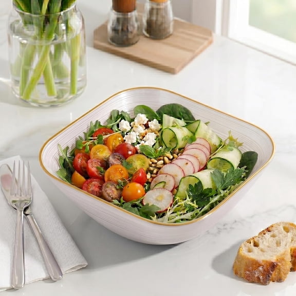 UDGIU-[30 Pack 17 OZ Bowls] Ribbed Collection White with Gold Rim Plastic Party Soup Bowls Premium heavyweight Elegant CeralBowls Disposable Tableware Dishes