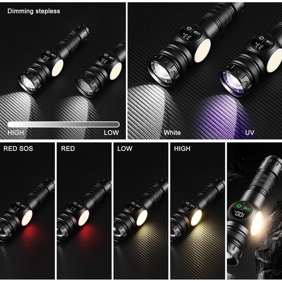 UDGIU-4 in 1 Rechargeable 6500K / 395nm UV Flashlight Dimming Stepless True 5000 Lumens IP45 Zoomable Beam UV Light, 5000mAh Halloween LED Flash Light with Magnet Power Failure