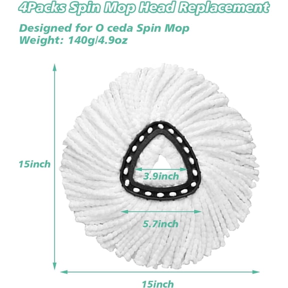 UDGIU-4 PCS Spin Mop Replacement Head,100% Microfiber Mop Heads Replacements Compatible with Triangle Spin Mop,360 Degree Round Spin Mop Replacement Head for Easy House Cleaning Floor Mopping
