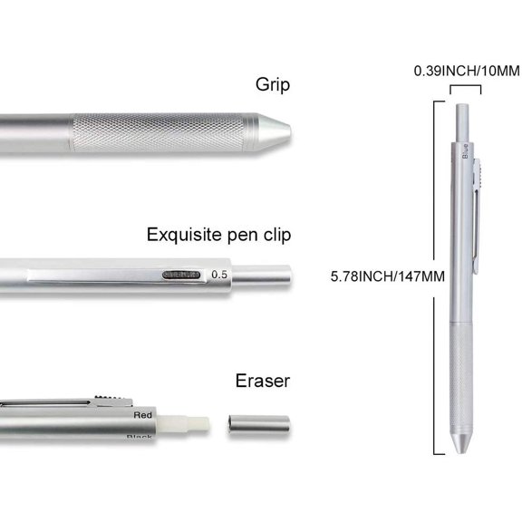 UDGIU-4 in1 Multi-Function Refillable & Retractable Ballpoint Pen + 0.5mm Mechanical Pencil, Fine Point, Silver Metal Barrel, Black/Red/Blue Inks, Multicolor Pen With Metal Gift Box