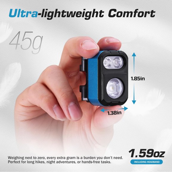 UDGIU-400LM Rechargeable Headlamp, 1.59 oz Lightweight & Comfortable Head Lamp with Hat Clip, IP67 Waterproof, White/Red/Green Light, 7 Modes for Running, Camping and Backpacking-Blue