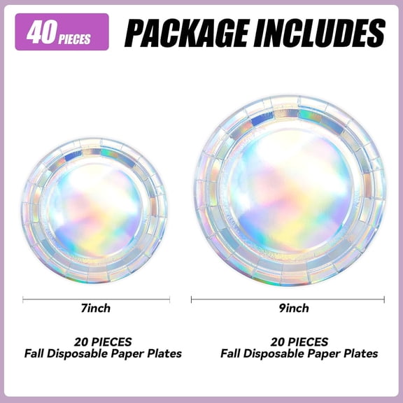 UDGIU-40PCS Iridescent Birthday Party Plates, Disposable Holographic Cake Plates Includes 20-9" & 20-7" Dinner Tableware for Birthday Bridal Wedding Disco Party Decorations