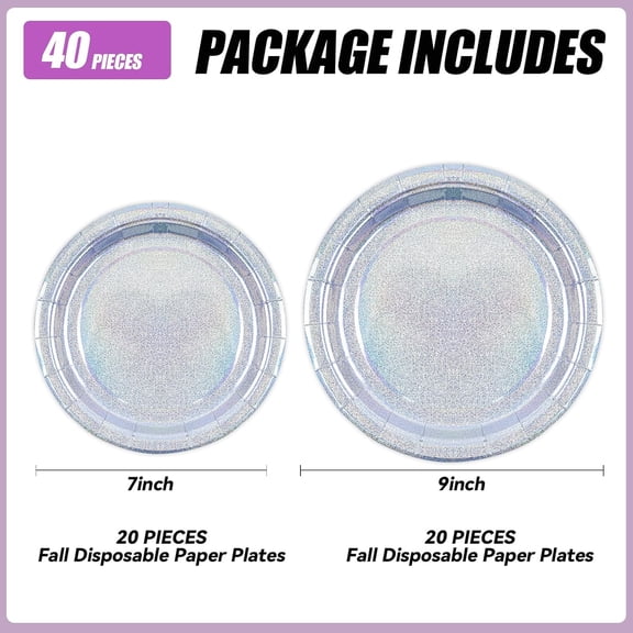 UDGIU-40PCS Iridescent Silver Birthday Plates, Disposable Holographic Foil Silver Cake Plates Includes 20-9" & 20-7", Wedding Birthday Disco Party Supplies
