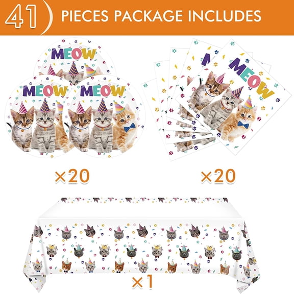 UDGIU-41Pcs Cat Theme Party Supplies - Kitten Birthday Party Decorations Include 20 Paper Plates, 20 Napkins and 1 Tablecloth