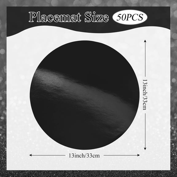 UDGIU-50 PCS Black Round Paper Placemats Disposable Mirrored Shiny Charger Plates for Wedding Halloween New Year 50th Birthday Graduation Bachelorette Party Table Decor