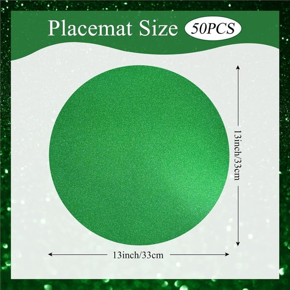 UDGIU-50 PCS Green Round Paper Charger Placemats 13x13Inch Glitter Disposable Table Doilies Table Mats Decor for St. Patrick's Day Mardi Gras Tropical Summer Birthday Dinner Party Table Setting