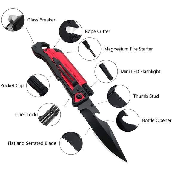 UDGIU-6-in-1 Survival Tactical Military Folding Pocket Knives with LED Light,Rope Cutter,Glass Breaker,Magnesium Fire Starter,Bottle Opener;Multi-Function Emergency Tool(Red)