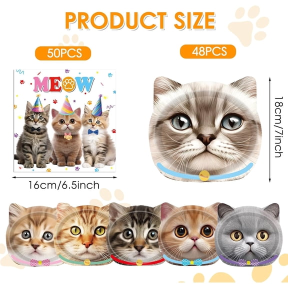 UDGIU-96 PCS Cat Birthday Decorations Kitten Party Disposable Tableware with Party Paper Plates and Cat Napkins Dinnerware Kit for Cats Themed Birthday Parties Supplies Serves 48 Guests