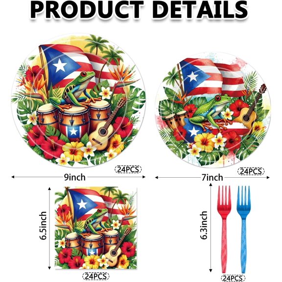 UDGIU-96Pcs Puerto Rico Party Decorations - Rican Tropical Coqui Frog Flag Paper Plates Napkins Forks Set, Fiesta Birthday Decorations Tableware Kit, Summer Pool Party Table Decor for 24 Guests