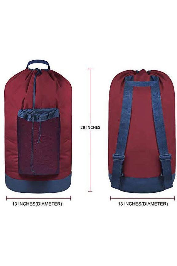 -Backpack Laundry Bag, Laundry Backpack with Shoulder Straps and Mesh Pocket Durable Nylon Clothes Hamper Bag with Drawstring Closure Red