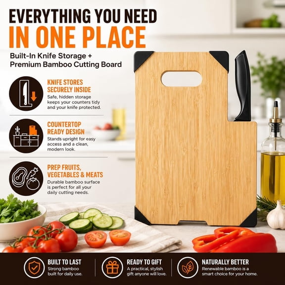 UDGIU-Bamboo Cutting Board with Knife Set, 13.4 x 9.4 Inch Wooden Chopping Board with Built-In Knife Storage, Non-Slip Corner Grips for Meat, Vegetables, Fruit, Cheese & Serving
