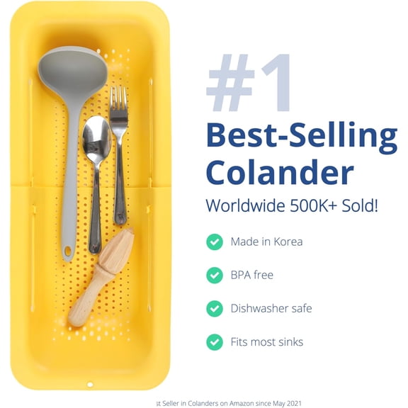 UDGIU-Blue Ginkgo Over Sink Colander, Extendable Kitchen Strainer, Yellow