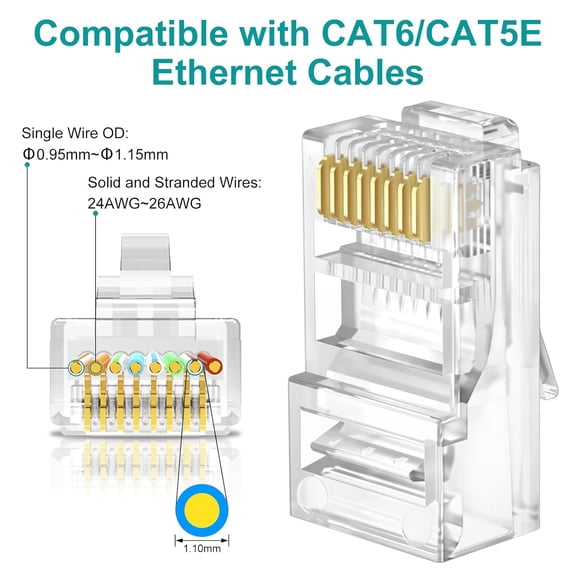 UDGIU-Cat6 RJ45 Pass Through Connectors, Gold Plated Ends for Gigabit Ethernet, Supports 24-26 AWG Solid or Stranded Wires, 100 Pack