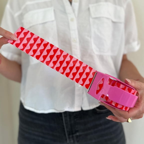 UDGIU-Decorative Packing Tape with Pink Dispenser  Pink & Red Wavy Pattern, 1.88" x 22.2 Yards  Cute Printed Shipping Tape for Gifts, Small Business Essentials, and Mailers