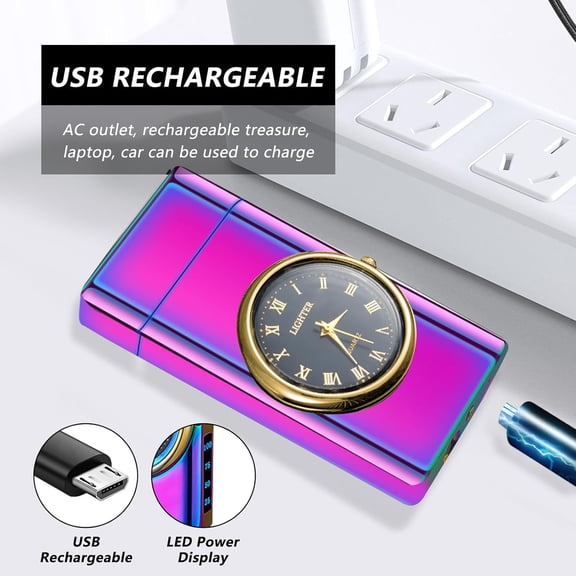 UDGIU-Electric Lighter with Plasma Arc, Windproof USB Rechargeable Lighter with Cool Design, Clock Dial, Flashlight, Power Display for Outdoor Use, for Men Women (Original, Multicolor)