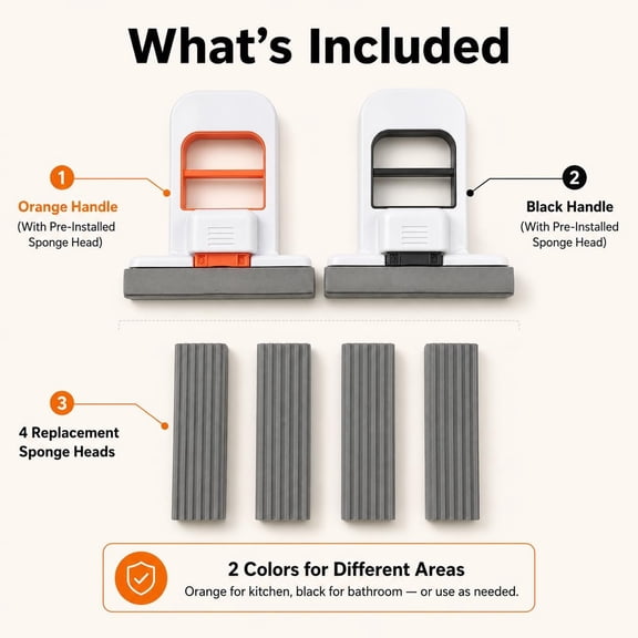 UDGIU-Foldable Self-Squeezing Mop, 2-Pack with 4 Washable Heads, One-Hand Wringing for Kitchen & Bathroom, Portable Floor Cleaner for Small Spaces, Apartments, RVs (Orange & Black)