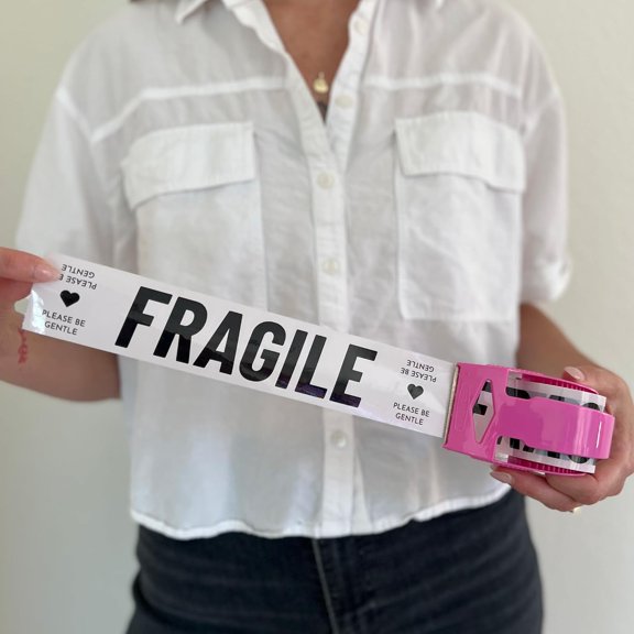 UDGIU-Fragile Packing Tape with Pink Dispenser  Please Be Gentle Minimal Cream & Black Design, 1.88" x 22.2 Yards  Packaging Tape for Moving Boxes, Small Business, and Mailers