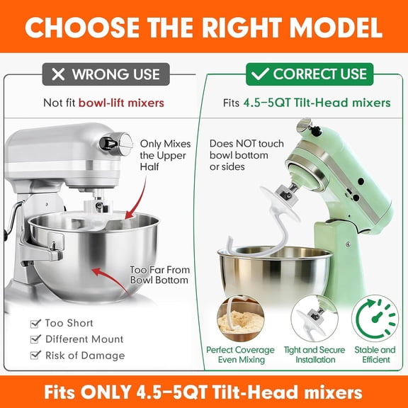 UDGIU-K45DH Dough Hook for KitchenAid 4.55 Quart Tilt-Head Stand Mixers, Coated C-Shaped Bread Hook Attachment, Replacement for K45 K45SS KSM90 KSM150, Kneads Pizza & Yeast Dough