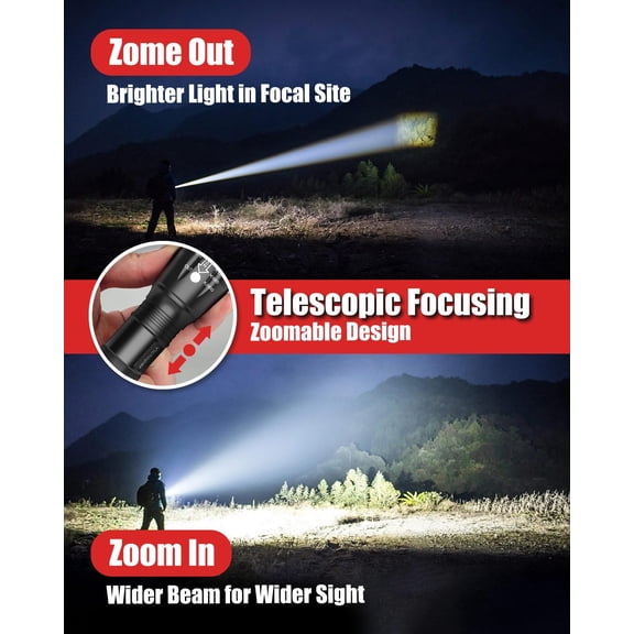 UDGIU-LED Flashlight 2 Pack, Bright Tactical Torch High Lumens 5 Modes, Waterproof Zoomable Flash Light for Outdoor, Birthday Gifts for Men, Dorm Room Hiking Camping Essentials Gear for Guys