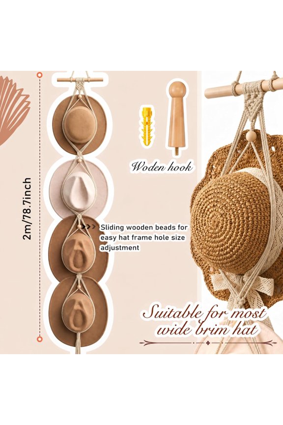 -Macrame Hat Hangers Racks Boho Cowboy Hats Holders Western Display Organizer Storage decor Back of Door for Wall(Beige,Four Hats Style)