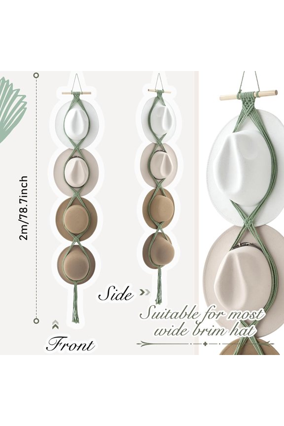 -Macrame Hat Hangers Racks Boho Cowboy Hats Holders Western Display Organizer Storage decor Back of Door for Wall(Sage Green,Four Hats Style)