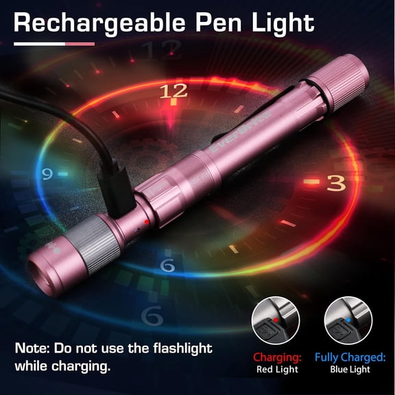 UDGIU-Pen Light, Rechargeable Pen Flashlights, 300 Lumens Zoomable LED Small Flashlight with Clip, Memory Function, USB-C Cable Included, Pocket Size for Camping, Emergency, Mechanic, Pink