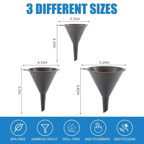 UDGIU-Plastic Kitchen Funnel Set of 3, Round Kitchen Funnels for Filling Bottles, Durable and Multifunctional Funnels for Filling Canning, Cooking, Lab or Car Oil (Gray)