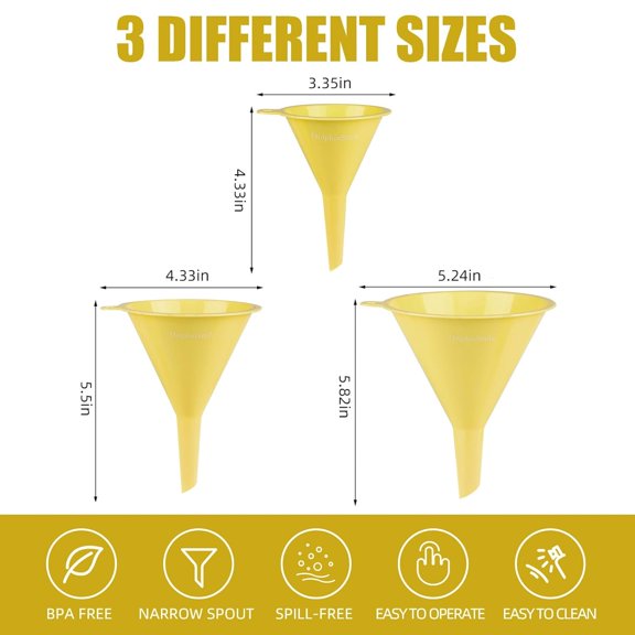 UDGIU-Plastic Kitchen Funnel Set of 3, Round Kitchen Funnels for Filling Bottles, Durable and Multifunctional Funnels for Filling Canning, Cooking, Lab or Car Oil (Milk Yellow)