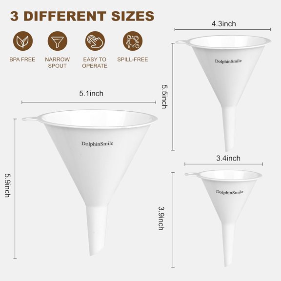 UDGIU-Plastic Kitchen Funnel Set of 3, Round Kitchen Funnels for Filling Bottles, Durable and Multifunctional Funnels for Filling Canning, Cooking, Lab or Car Oil (White)
