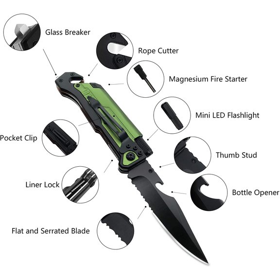UDGIU-Professional 6-in-1 Tactical Folding Knife - Survival Multi-Tool with LED Flashlight, Glass Breaker, Fire Starter, Seatbelt cutter - EDC Pocket Knife for Camping, Hunting & Emergency (Green)