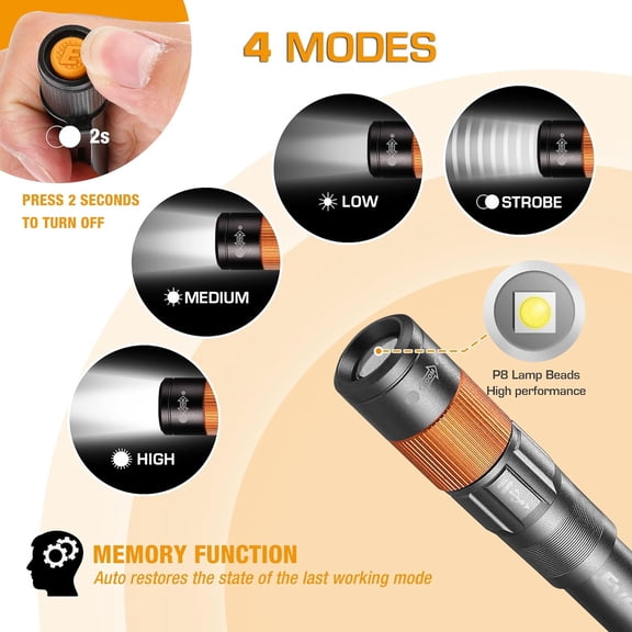 UDGIU-Rechargeable Pen Light, 300 Lumens EDC Flashlight, Zoomable LED Pocket Flashlight with Clip, Memory Function and USB C Cable Included, for Camping, Emergency, Gray