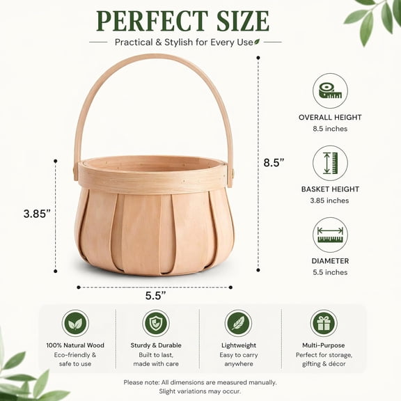 UDGIU-Small Round Woodchip Basket with Handle, Natural Decorative Storage