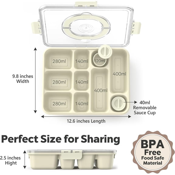 UDGIU-Snackle Box Container for Adults with 10 Compartment, Divided Serving Tray with Lid and Handle and 2 Sauce Containers, Portable Snack Box Container for Charcuterie Party Travel, White