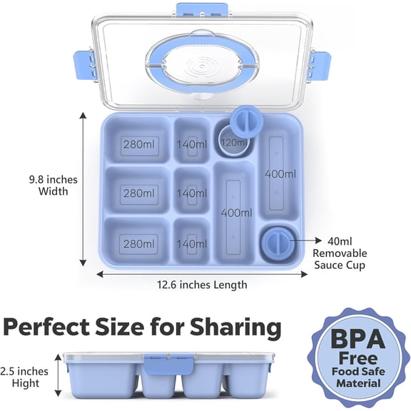 UDGIU-Snackle Box Container for Adults with 10 Compartment, Divided Serving Tray with Lid and Handle and 2 Sauce Containers, Portable Snack Box Container for Charcuterie Party Travel, Blue