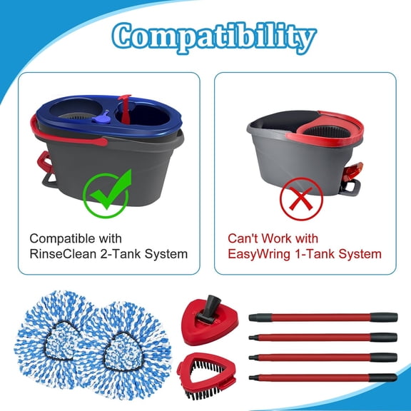 UDGIU-Spin Mop Handle, Mop Heads Replacements,Scrubber Brush and Mop Base Compatible with Ocedar RinseClean 2-Tank System, Mop Handle and Head Replacement Combo Set for Wet Dry Use Floor Cleaning