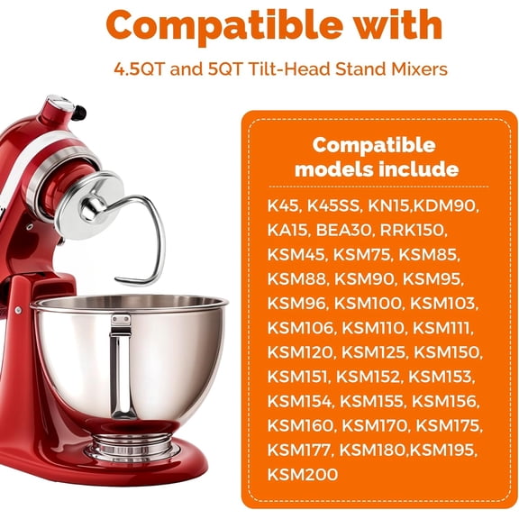 UDGIU-Stainless Steel Dough Hook for 4.5-5QT Tilt-Head Stand Mixer, Fits K45DH Kitchen Aid Dough Hook Attachment, Metal Bread Hook for KitchenAid Stand Mixer, Rustproof & Dishwasher Safe