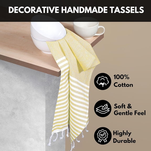UDGIU-Turkish Kitchen Towels 18x26 Inches with Tassels - 4 Pack - Ultra Absorbent, Durable, Soft 100% Cotton Dish Towels for Drying & Cleaning - Machine Washable, Quick-Dry - Lemon Yellow