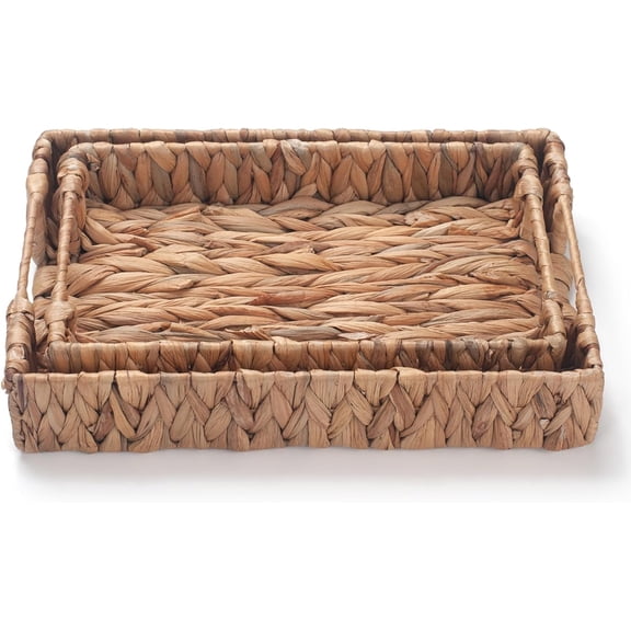 UDGIU-Water Hyacinth Rectangular Serving Tray for Coffee Table Natural Storage Baskets with Handles for Home and Kitchen Decor Set of 2