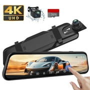 4K UHD Dual Dash Cam Front and Rear, 10"Touch Screen Mirror Camera, Night Vision, Voice Control, G-Sensor, 32GB SD"