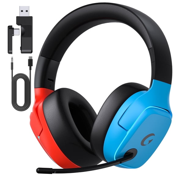Wireless Gaming Headset 2.4GHz for PS5/PS4/PC/Switch - Bluetooth 5.3 Headphones with Noise-Canceling Mic, 7.1 Surround Sound, 70H Battery Life, RGB Lights, Foldable, Portable-Red&Blue