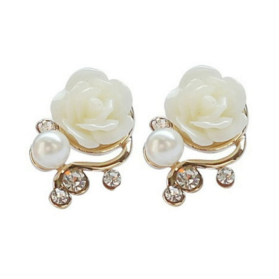 UDIYO 1 Pair Ear Stud Rose Flower Shape Versatile Alloy Faux Pearl Rhinestone Rose Earrings for Women
